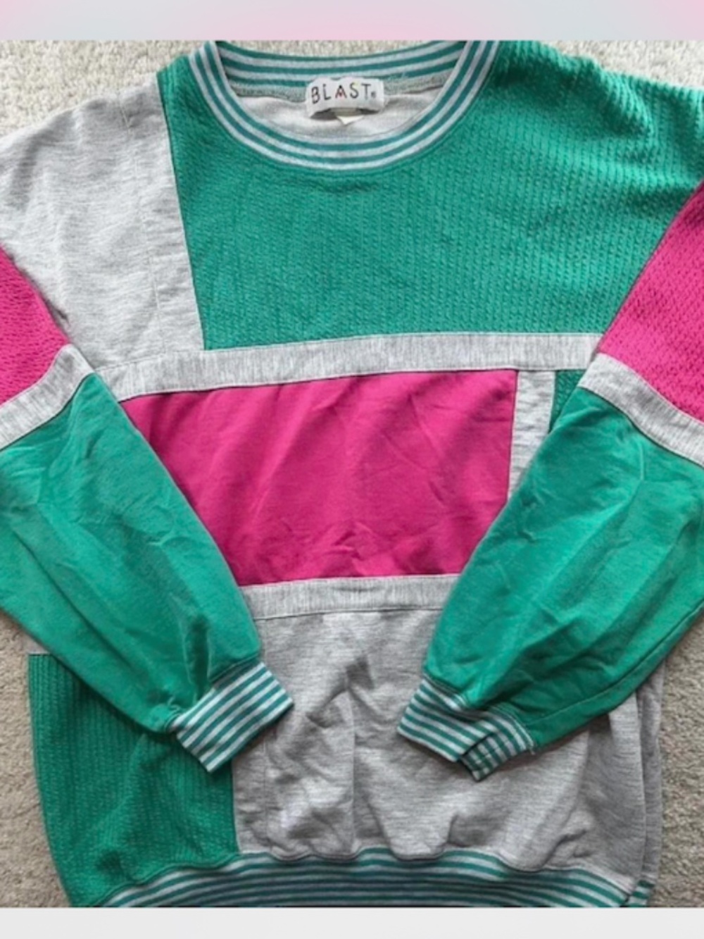 Women's Vintage Green, Pink and White Colorblock Blast Sweater Size Small